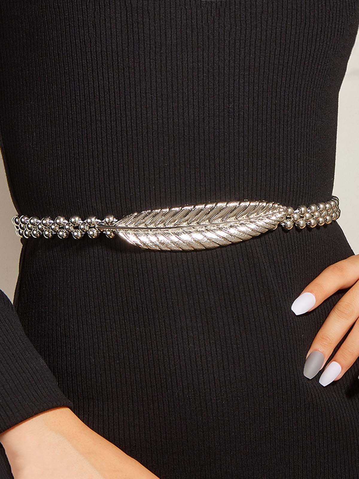 Metal Leaf Beaded Elastic Thin Belt Elegant Dress Decoration
