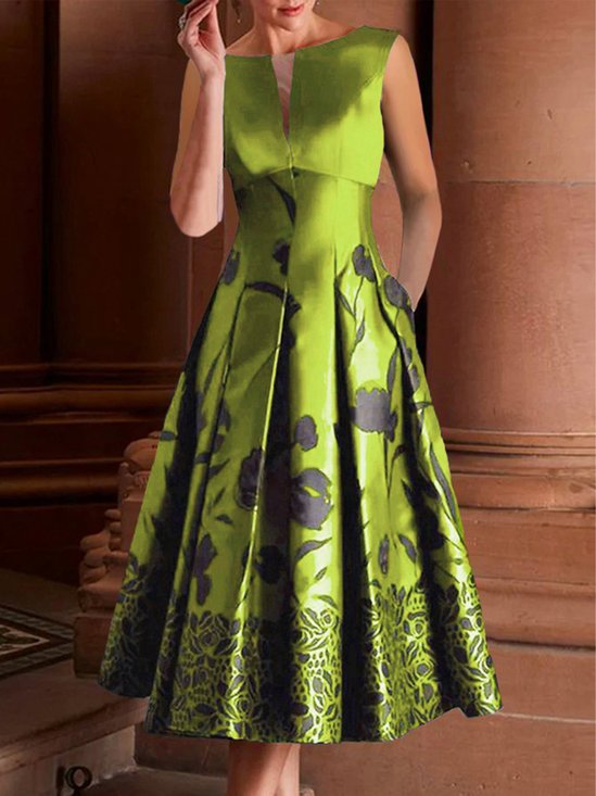 Notched Regular Fit Elegant Floral Sleeveless Midi Dress