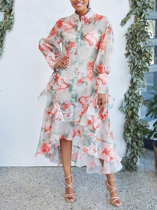 Vacation Loose Stand Collar Floral Long Sleeve Midi Dress