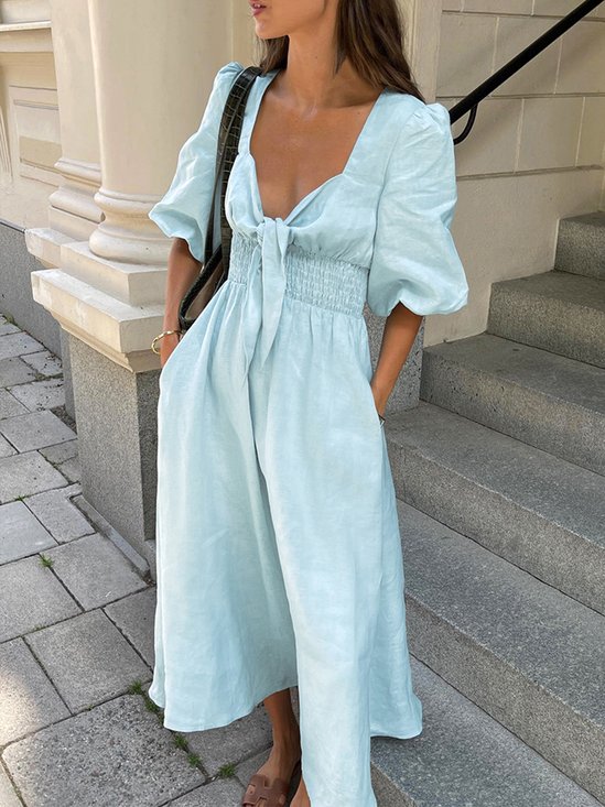 Casual Daily Plain Knot Front Midi Dress